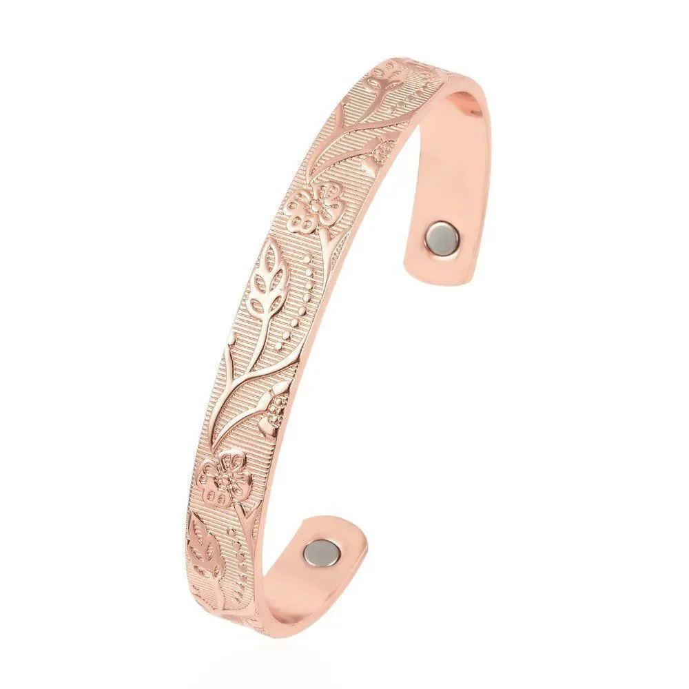 Floral Vine Pattern Open Shank Adjustable Cuff Bracelet 6.50 in
